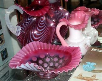Fenton Ruffle Rimmed Pitchers, Qty 2, 9" & 7", Thumbprint Ruffled Edge Bowl, And Fenton Glass Collectors Books Qty 4