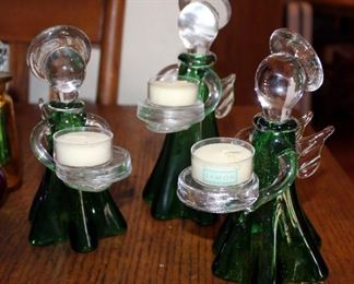 Art Glass Angel Candle Holders, Glass Fish, And Multi Colored Glass Bottles With Stoppers