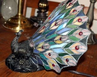 Decorative Peacock Lamp And Stained Glass Table Lamp With Metal Base, 22" Tall