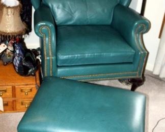 Hancock & Moore Leather Wingback Arm Chair With Carved Ball & Claw Feet, 39.5" x 33" x 31", Includes Matching Foot Stool 16" x 26" x 20"
