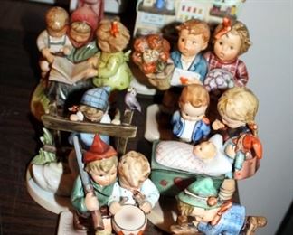 M. J. Goebel Hummel Ceramic Figures, Qty 8, Including Watchful Angel #195, Love Lives On #416 Signed By Artist, Story Book Time #534, And More