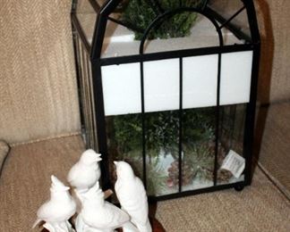 Metal And Glass Terrarium With Floral Decor 16" Tall x 10" x 10", And Godinger Glazed Song Bird Figures, Qty 4 With Pedestal, Birds Approx 8" Tall