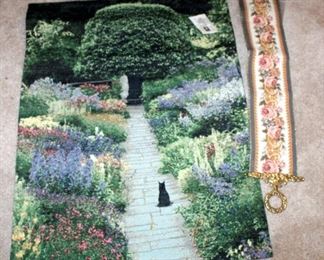 Tapestry Decor Including Ornate Footstool 9" x 13" x 13", Tapestry Wall Hanging With Brass Accents, & Cat In Garden Tapestry With Hanging Hardware