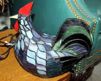 Stained Glass Style Chicken Lamp 10" x 10" x 6" And Rooster Themed 19" Accent Lamp With Beaded Shade