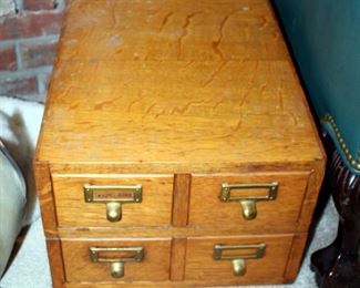Vintage Tabletop Wood Four-Drawer Card Filing Cabinet, 10" x 14" x 18.5"
