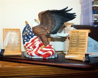 Lenox Porcelain Bill Of Rights, "Defender Of Freedom" Eagle With American Flag, & "We The People" Statues, Qty 3, With Wood Display Base