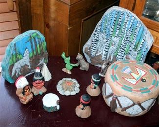 Native American Figurines, Including Ceramic Drum, And Campfire Scene, Qty 13 Pieces