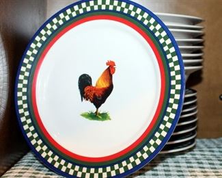 International Table Works Ellas Rooster Collection, Plates, Bowls, Serving Dishes, Mugs, Cake Plates, Contents Of 2 Shelves, Matched Set