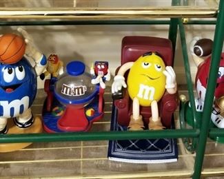 M&M Candy Dispensers Qty 4, And Thomas Collector's Edition Vintage Style AM/FM Radio And Cassette Player, Contents Of 2 Shelves