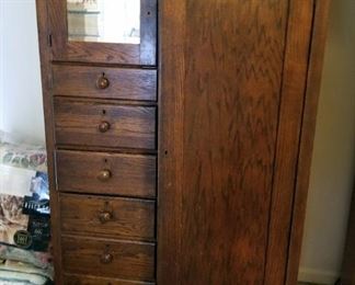 Antique Solid Wood Six-Drawer Mirrored Wardrobe With Casters, 61" x 38" x 20"