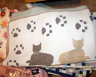 Quilted Linens Including Floral Blanket, Kitty Cat Quilt With Matching Pillow Sham, And More