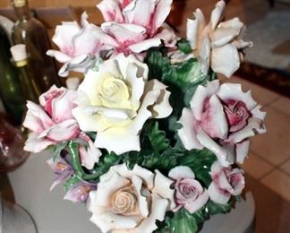 Capodimonte Porcelain Floral Sculpture By S. Rioleva, Made In Italy, 12" Tall, And 12" Ceramic Bird Cloche