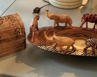 Carved Wood Bowl With African Wildlife Figures, Made In Kenya, And Carved Wood Lidded Box