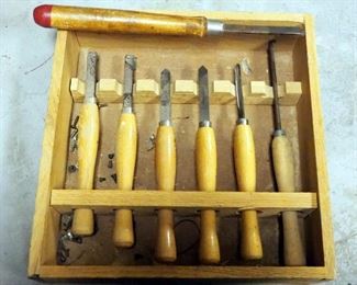 Wood Lathe Hand Tools Including Wood Case, Qty 7