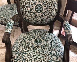 Pair of Louis XVI style fauteuils with blue/white print upholstery