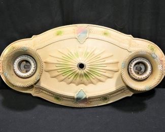  	Vintage Art Deco ceiling Fixture
Description 	
Pressed Aluminum.
Needs to be rewired.
Cream, Pink,Blue & Green accents.
14.25" x 7"
UPS STORE PACKING & SHIPPING