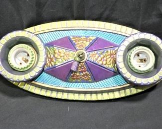 Vintage Art Deco Ceiling Light
Description 	
12" x 5.5" 
 Cast Aluminum
Purple, Teal & Green with Flowers Light, Has been rewired.
UPS STORE PACKING & SHIPPING