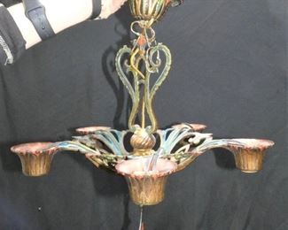 Blue Red Green & Gold 5 Light Chandelier
Description 	
Refurbished 5 Cast Iron Light Chandelier, 17" Diameter x 18" Tall
Has Old Wiring & Old Sockets.
Broken piece on top.
UPS STORE PACKING & SHIPPING