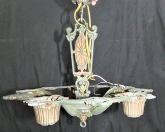 AntiqueCast Iron Art Deco Green 5 Light Chandelier
Description 	
Bronze & Copper Accents.
15.5 Diameter x 14.5" tall
Marked Riddle Co.
Original Wiring.
UPS STORE PACKING & SHIPPING