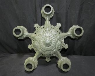 5 light Cast Iron Art Deco Chandelier Base only
Description 	
Painted green inside and outside
No wires or sockets
16" diameter  x 3.5" tall
UPS STORE PACKING & SHIPPING
