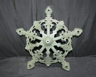 5 light Cast Iron Art Deco Chandelier Base Only
Description 	
Painted green on outside and purple inside
No wires or sockets
Marked Moe Bridges
18.5" diameter x 4" tall
UPS STORE PACKING & SHIPPING