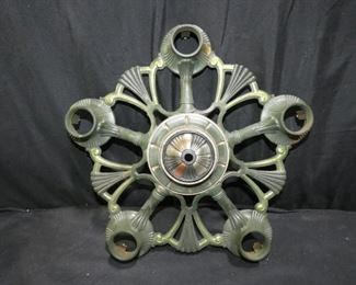 5 light Cast Iron Art Deco Chandelier Base Only
Description 	
Painted green and partially updated with copper and bronze accents
No wires or sockets
15" diameter x 3" tall
UPS STORE PACKING & SHIPPING