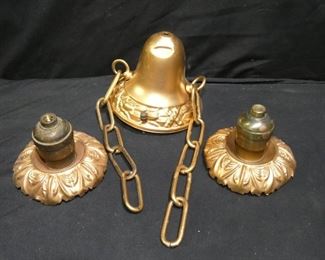 Lot Gold colored metal Art Deco lighting extras
Description 	
Bell - no wires, no socket - 5" diameter, 5" tall, 2-8" chains
2 Decorative sockets - no wires, 4" diameter x 3.5" tall
UPS STORE PACKING & SHIPPING