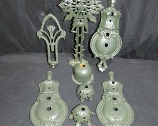 Lot of Art Deco lighting extras
Description 	
3 cast iron wall sconces - 10.25" x 4.25"
2 cast iron drops - 13.5" x 5" and 7" x 4"
1 metal cup - 3" diameter
3 matching metal cups - 3" diameter
UPS STORE PACKING & SHIPPING