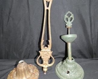  	Vintage Art Deco Lamp Parts
Description 	
- Tall Piece 3.5" x 16.5" Cast Iron
- Green  16" diameter x 14" 
- Bronze Color with Green & Red Accents 6" x 4" tall
UPS STORE PACKING & SHIPPING