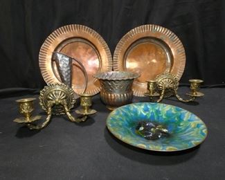  	Copper and Brass
Description 	
2 Copper Bowls-10" Diameter 2" Tall 1 w/damage
2 Brass Candle Sconces marked Made in England . Plate 3.5" Diameter  Width 7.5"
Metal Urn 5.5" Diameter  4" Tall
Ewer marked Gregorian Copper 6.75"Tall
Enameled Copper Dish  7.5" Diameter