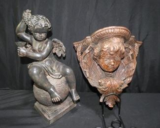 Decorative Charub Shelf & Statue
Description 	
- Composit Charub Sconce  Shelf (could be used outdoors)  11.5" Wide x 5.5" Deep x 10" Tall
- Resin Charub on Ball - 16" Tall Base 6" x 6"
UPS STORE PACKING & SHIPPING