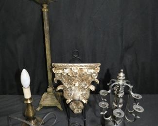 Antique Candle Sticks, Sconce & Shelf
Description 	
- Metal Single Candle Holder -20" Tall
- Metal Single Bulb Light - 10"" Tall
- 6 Small Candle Holder-11" Tall 
- Resin Wall Shelf 7.5" Wide x 4" Deep x 8" Tall
UPS STORE PACKING & SHIPPING
