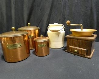 Vintage Kitchen Canisters, Coffee Grinder & More
Description 	
- 3 Vintage Copper Canisters (Sugar, Flour & Tea) 6" diam, 5" diam & 4" diam
- Vintage Coffee Grinder 5.25" Square x 7" tall
- Pottery Covered Milk Jar Stamped & Signed - 7" Tall
UPS STORE PACKING & SHIPPING