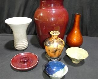 Bowls, Vases & Candle Holder
Description 	
- Large Ceramic Red Vase No Marks 13" Tall
- Cream Color Crackle Finish Pottery Vase Marked CE 7.5" Tall
- Amber Speckled Color Bud Vase - 9.25" Tall
- Red Ceramic Candle Holder
- Blue Ceramic Bowl
- Green Ceramic Footed Bowl
- Brown Vase with Black Accents John Seagrove NC 
UPS STORE PACKING & SHIPPING