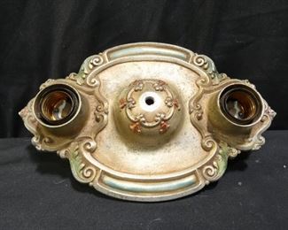 Antique Art Deco Ceiling Mount Light Fixture
Description 	
10" Cast  2-light Fixture
Champagne with Blue , green, and red
No wiring
UPS STORE PACKING & SHIPPING