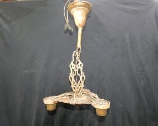 Vintage Art Deco 3 Light Chandelier
Description 	
Cast Iron- 12" diameter  21" from bell-shaped Mount
Needs new wiring
Bronze Colored
SHIPPING AVAILABLE