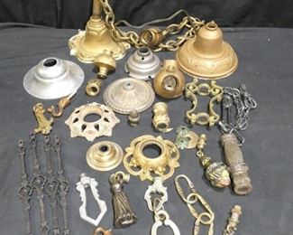  	Vintage Art Deco Light Fixture Parts
Description 	
-Metal / some cast - Over 20 pieces
-Filials and Drops
-Chains
-Ceiling Mount with Socket - 32.5" long - new wiring needed
UPS STORE PACKING & SHIPPING