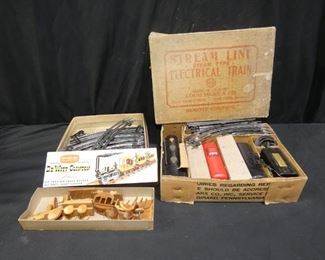 Vintage Louis Marx & Co. Electric Train and More
Description 	
-Stream Line Boxed Set No. 3994 - that includes Engine, Passenger Car, Coal Car, Tanker Car and Caboose - also Transformer  and Track in ORIGINAL BOX
-Extra Track - 12 Curved Pieces; 11 - Straight
-StromBecker -" De Witt Clinton" Train Wooden Model #1831 -GT  - O Gauge  Scale
UPS STORE PACKING & SHIPPING