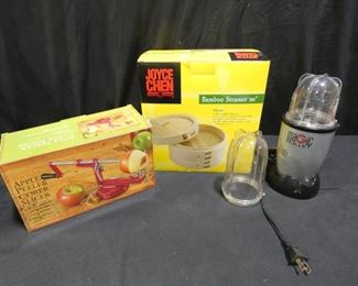  	Kitchen Gadgets
Description 	
-Magic Bullet  Model MB1001  Smoothie Mixer - 2 sizes of cups
-Apple Peeler Corer Slicer
-Joyce Chen Bamboo Steamer 10"
UPS STORE PACKING & SHIPPING