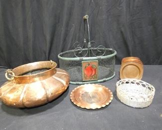 Metal Baskets and Copper Decor
Description 	
-One Green Metal Basket  with Apple Motif
12.5" long x 9" wide x 13" tall with handle
- Silver Metal Basket - 4.75" diameter
-Copper Coaster Set  with Etched African Animals and Stand - set of six
- Copper Plate - 6.5" diameter
-Copper Pot with Handle - 10" diameter x 5.5" tall without handle
UPS STORE PACKING & SHIPPING