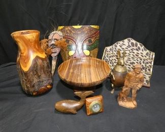 Live Edge Wood Vase & More!
Description 	
- Wooden Vase with Live Edge - signed - 11" tall
-Vintage Hunter (Carved ) and  Man's Best Friend 7.5" tall
-Wooden Desk Organizer - South Africa - 10.75" wide x 8" tall - Leopard Print
-Painted Wooden Mask - Wall Hanger - 11.5" tall
-Clay Mask on Wooden Handle 12" long
-South African Wooden Pedestal Bowl; WJD-9.25" diameter x 5" tall
-Compass  - Wooden Case with Brass Studs - 2.5" square
-Wood and Brass Bunny Trinket Box - Flip top lid 
-7.75" tall
-Whale - carved - 5" long