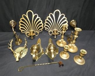 Vintage Brass Candlesticks and Wall Sconces
Description 	
-4 Brass Candlesticks - 7" and 3.75" tall
-4 Brass Sconces - 2 tall and 2 shorter
-2 Art Deco Style Sconces
-Another Pair of Wall Sconces
-Brass and Copper Snuffer
- Brass Deer Head Candle Holder
SHIPPING AVAILABLE