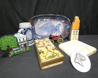 Home Decor - Redware Platter, Box & More
Description 	
- Redware Platter with Cobalt Fish 15" x 9.25"
- Vintage Stone Ashtray 6.5" square
- Original King Beer Stein
- Painted Fratelli Alinari Firenze Italy Wooden Box 9.5" x 4.5" x 2" tall
- Painted wood Scene from  Savana GA
- Metal Wells Fargo bank
- Painted House Vase 8.5" tall
- Pewter Boxer Wall Hanger Louise Shattuck
UPS STORE PACKING & SHIPPING