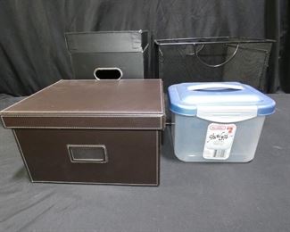 4 Piece Office / Storage
Description 	
- Leather Look Covered Brown Box 12.5" x 10" x 7" tall
- Letaher Look Covered Black File Box 13.5" x 9" x 12"
- Sterilite Plastic Container 9.5" x 8" x 6.5"  
- Black Metal File Box 13.5" x 13.5" x 11" Tall
SHIPPING AVAILABLE