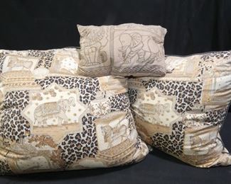 Large Lounger Animal Print Pillows
Description 	
- 2 Pillows- Large Animal Print  - 22" x 22"
- Smaller Lion Elephant Pillow 10" x 15"
SHIPPING AVAILABLE