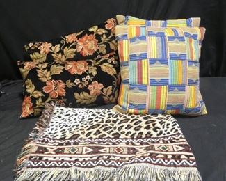  	2 Matching Pillow Sets
Description 	
- 2 Colorful African Print -18" x 18"
- 2  Black Upholstry Pillows with Olive and Coral  Folage - 22" x 13""
- Lepord Print  Throw - 52" x 40"
SHIPPING AVAILABLE