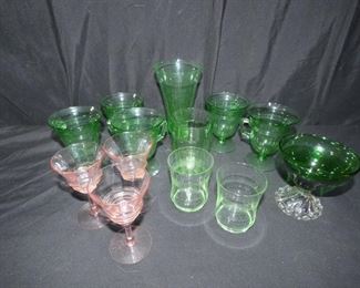 12 Piece Pink & Green Depression Glassware
Description 	
- 3 Pink Depression Glass Cordial Glasses 4.25" Tall
- 4 Green Depression Glass Tea/Coffee Cups
- 2 Small Green juide Glasses
- 1 Green Depression Parfait Glass 6.5" tall
- Green Boopie Ball Sundae Dish
- Green Depression 8 oz Water Glass
UPS STORE PACKING & SHIPPING