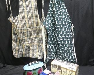 Misc. Houshold Aprons Boxes
Description 	
- 2- Cotton Body Aprons with Pockets
- 2 Vintage Hankies
- 2- Spoon Holders
- Marimekko Socks
- Moleskine Pocket Notebook 
- Flatyz Handmade Flat Candle
- Decopaged Wooden Box with Chairs  11.5" x 5x' x 5"
- Ceramic Covered Dish By Droll Designs -9" x 405" x 5"
UPS STORE PACKING & SHIPPING