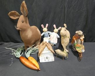 Primitive Rabbits, Windy Mead Pottery Votive House
Description 	
-Windy Mead Pottery Votive Houses - 4.5" x 4" x 7"Brown Large Stuffed -Primitive Rabbit  16" Tall
-Mother and  Baby -10" x 11"  Baby  5' x 3.5" Tall
-Mouse  1" x 7"
-Country Bunny Couple  9" Tall
-2 -Carrots - 14"
-Windy Mead Pottery Votive Houses - 4.5" x 4" x 7"
UPS STORE PACKING & SHIPPING