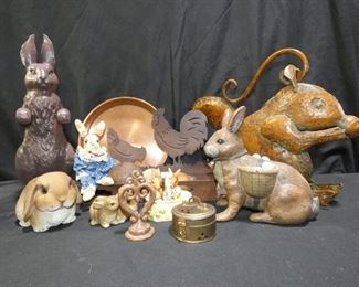  	Chickens, Bunnies & Much more for Decor
Description 	
-Brown Resin Bunny 17"
-Copper Colored Squirrel Watering Can - 17" x 14"
-Metal Rooster Tray with Stone and Wood Ball  14" x 55" x 8.5"
-Resin Bunny with Babies 7" x 4.5" Babies 3" Tall
-Deborah Graham Bunny with Baskets of Eggs  8.5" Tall
-Bunny Shelf Sitter 11.5" Tall
-Brass Trinket Box  3" Diameter 
-Decorative Fineal-4.5" Tall 
-Cracker Barrel Bunny Salt and Pepper 4" x 4"
-Smith and Hawkin Copper  Plant Plate  10.5" Diameter
UPS STORE PACKING & SHIPPING